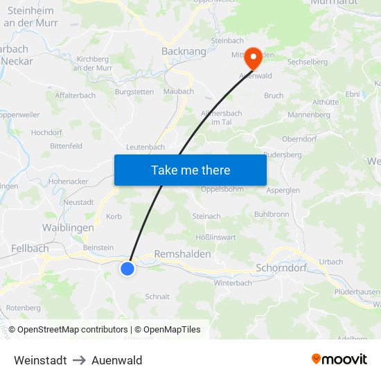 Weinstadt to Auenwald map