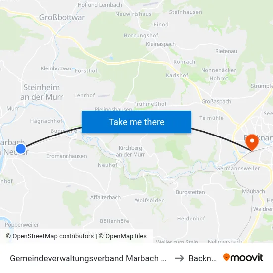 Gemeindeverwaltungsverband Marbach am Neckar to Backnang map