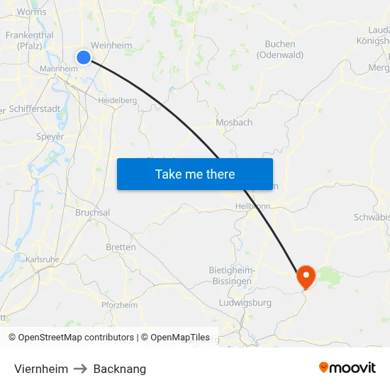 Viernheim to Backnang map