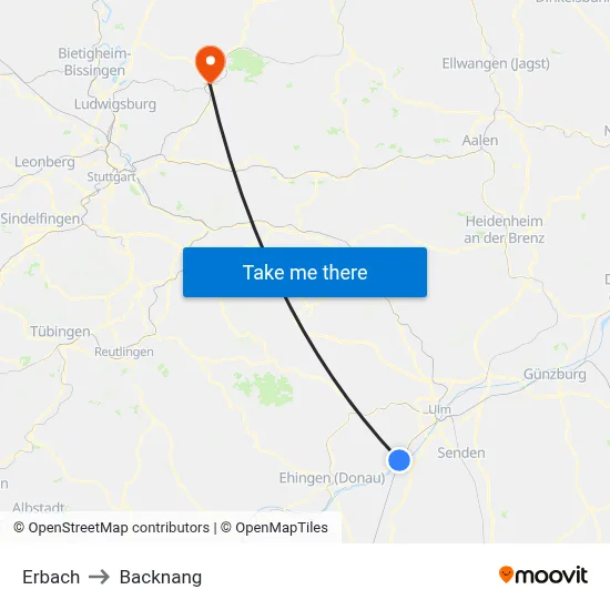 Erbach to Backnang map