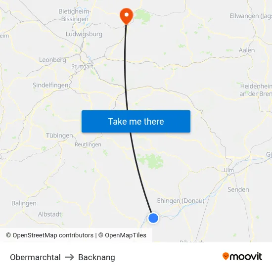 Obermarchtal to Backnang map