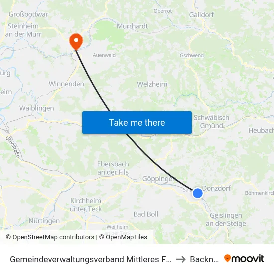 Gemeindeverwaltungsverband Mittleres Fils-Lautertal to Backnang map