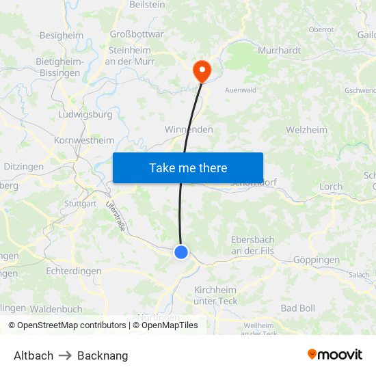 Altbach to Backnang map