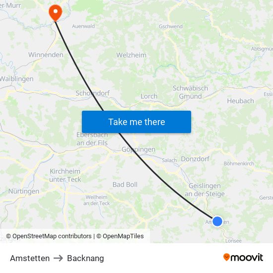 Amstetten to Backnang map