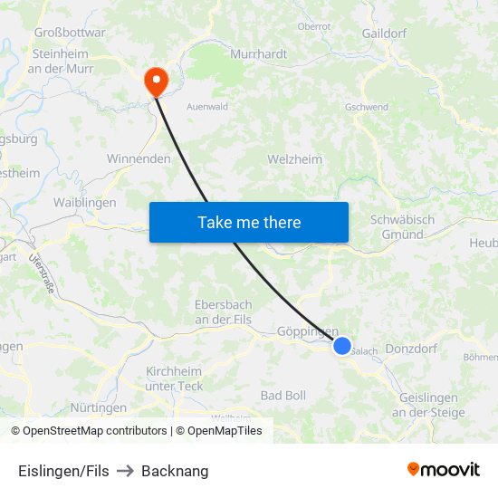 Eislingen/Fils to Backnang map