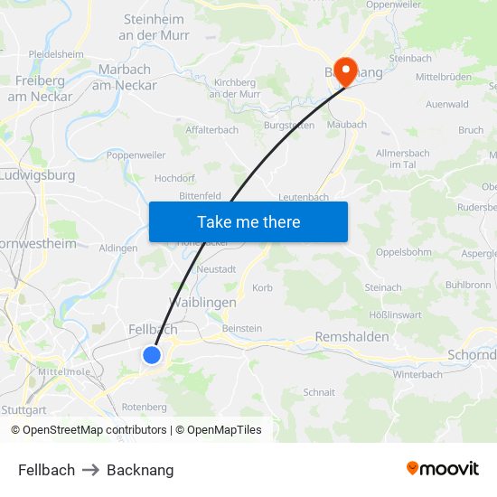 Fellbach to Backnang map