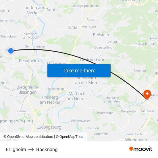 Erligheim to Backnang map