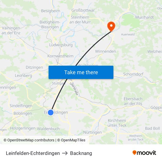 Leinfelden-Echterdingen to Backnang map