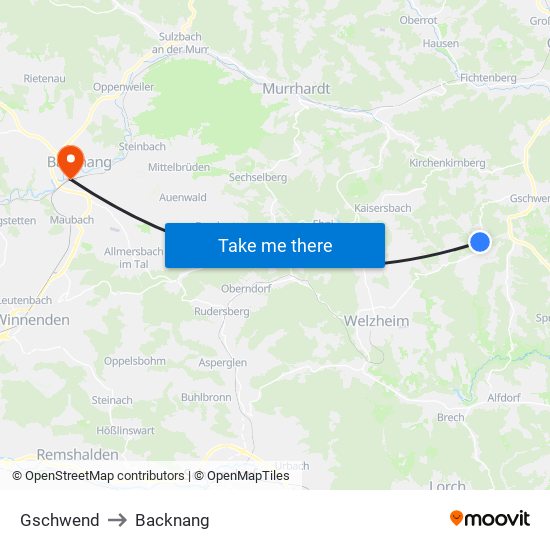 Gschwend to Backnang map