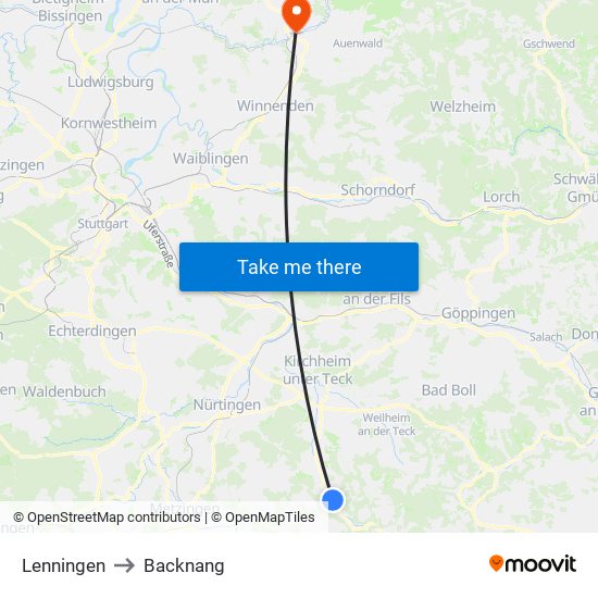 Lenningen to Backnang map