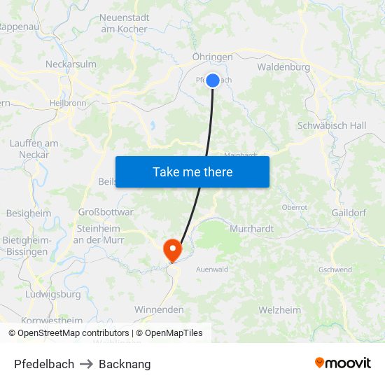 Pfedelbach to Backnang map