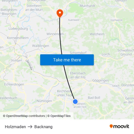 Holzmaden to Backnang map