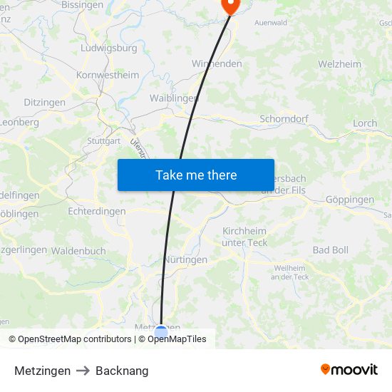 Metzingen to Backnang map