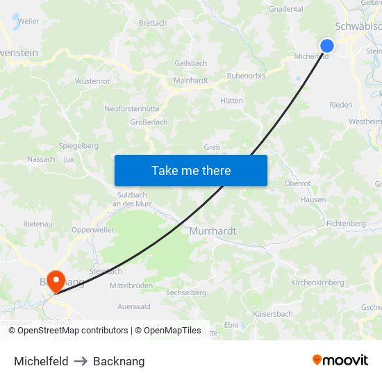 Michelfeld to Backnang map