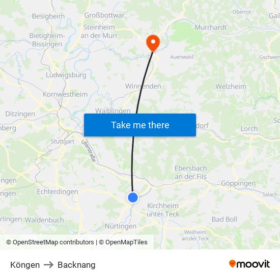 Köngen to Backnang map