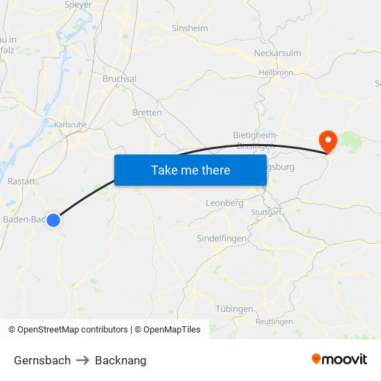 Gernsbach to Backnang map