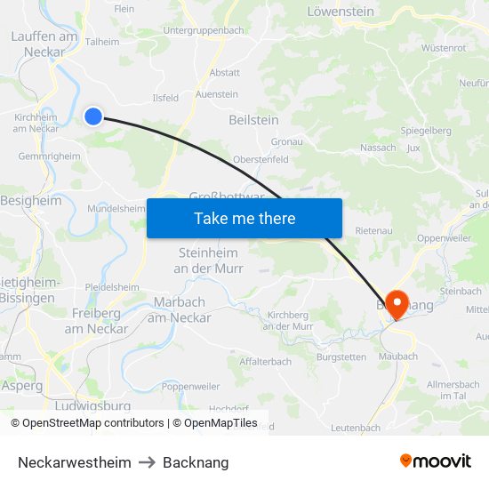 Neckarwestheim to Backnang map