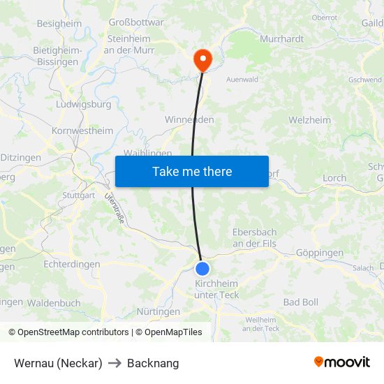 Wernau (Neckar) to Backnang map