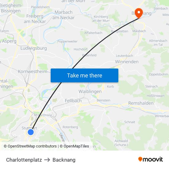 Charlottenplatz to Backnang map