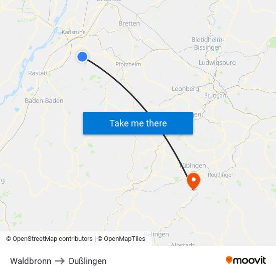 Waldbronn to Dußlingen map