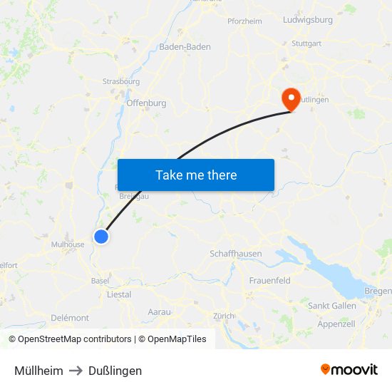 Müllheim to Dußlingen map
