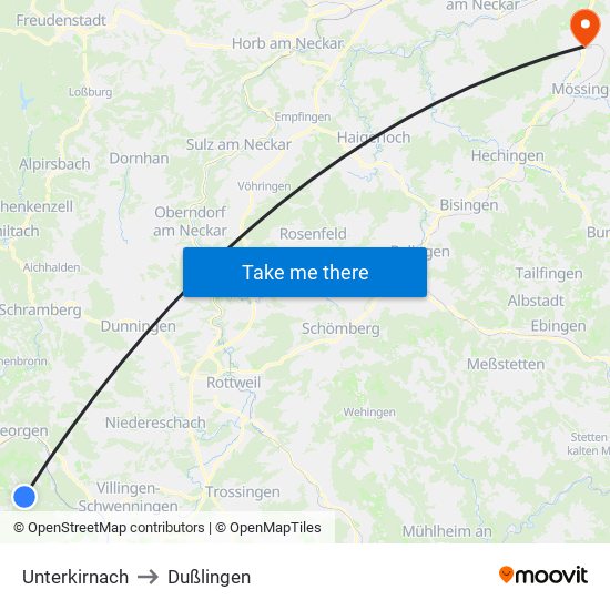 Unterkirnach to Dußlingen map