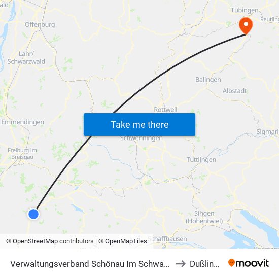 Verwaltungsverband Schönau Im Schwarzwald to Dußlingen map