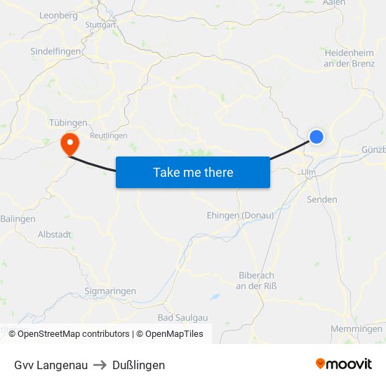 Gvv Langenau to Dußlingen map