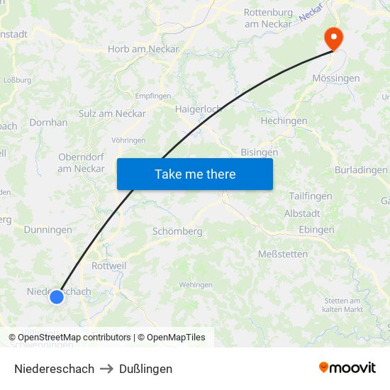 Niedereschach to Dußlingen map