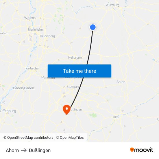 Ahorn to Dußlingen map