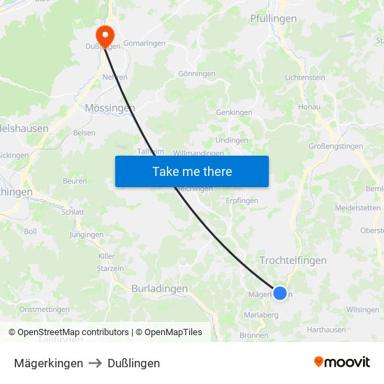 Mägerkingen to Dußlingen map