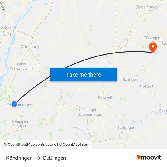 Köndringen to Dußlingen map