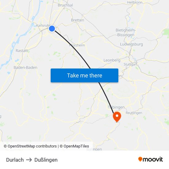 Durlach to Dußlingen map