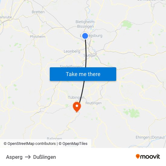 Asperg to Dußlingen map