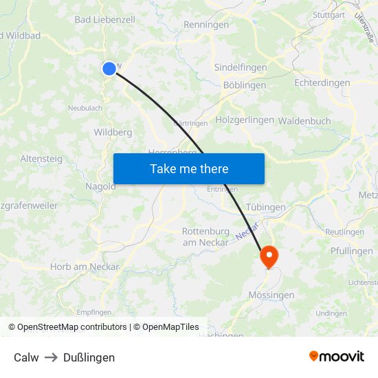 Calw to Dußlingen map