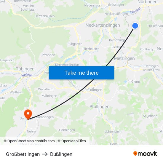 Großbettlingen to Dußlingen map