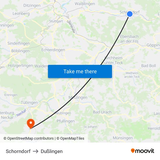 Schorndorf to Dußlingen map