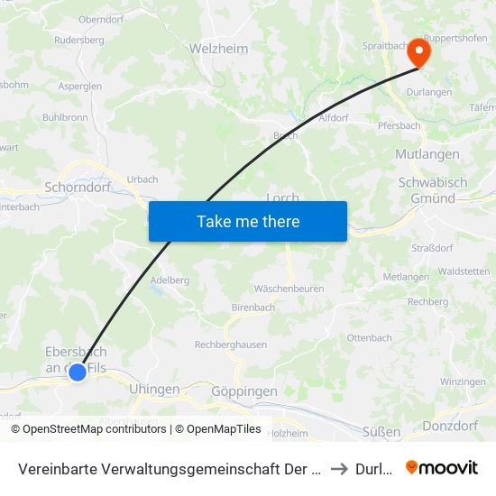 Vereinbarte Verwaltungsgemeinschaft Der Stadt Ebersbach An Der Fils to Durlangen map