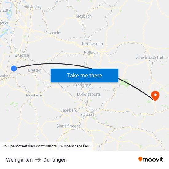 Weingarten to Durlangen map