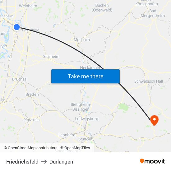 Friedrichsfeld to Durlangen map