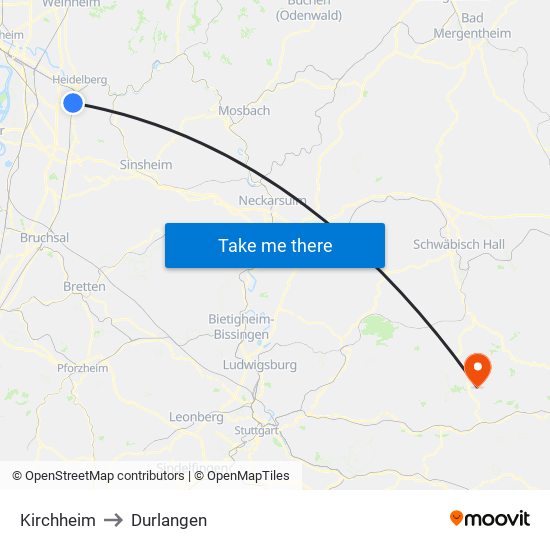 Kirchheim to Durlangen map