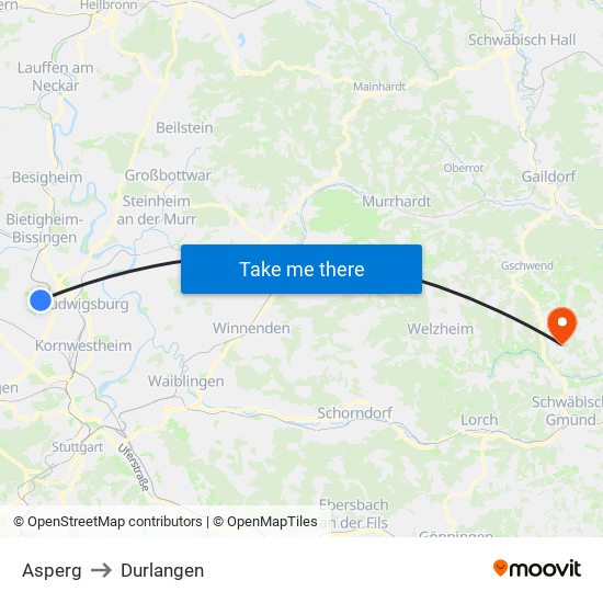 Asperg to Durlangen map
