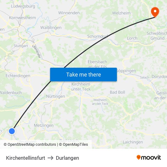 Kirchentellinsfurt to Durlangen map