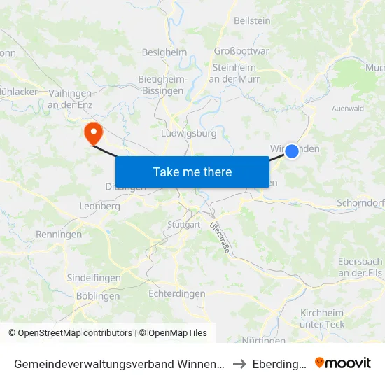 Gemeindeverwaltungsverband Winnenden to Eberdingen map