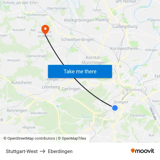 Stuttgart-West to Eberdingen map