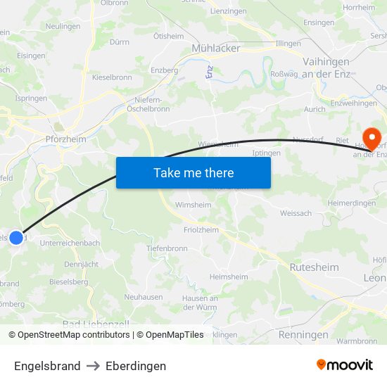 Engelsbrand to Eberdingen map
