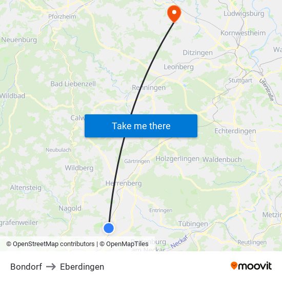Bondorf to Eberdingen map
