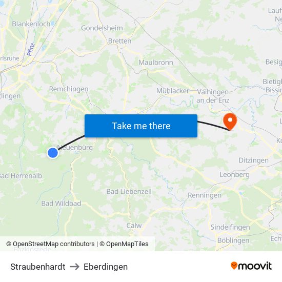 Straubenhardt to Eberdingen map