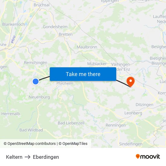 Keltern to Eberdingen map