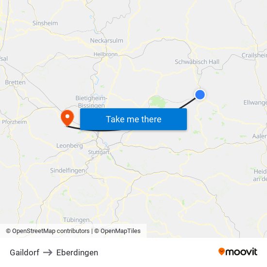 Gaildorf to Eberdingen map